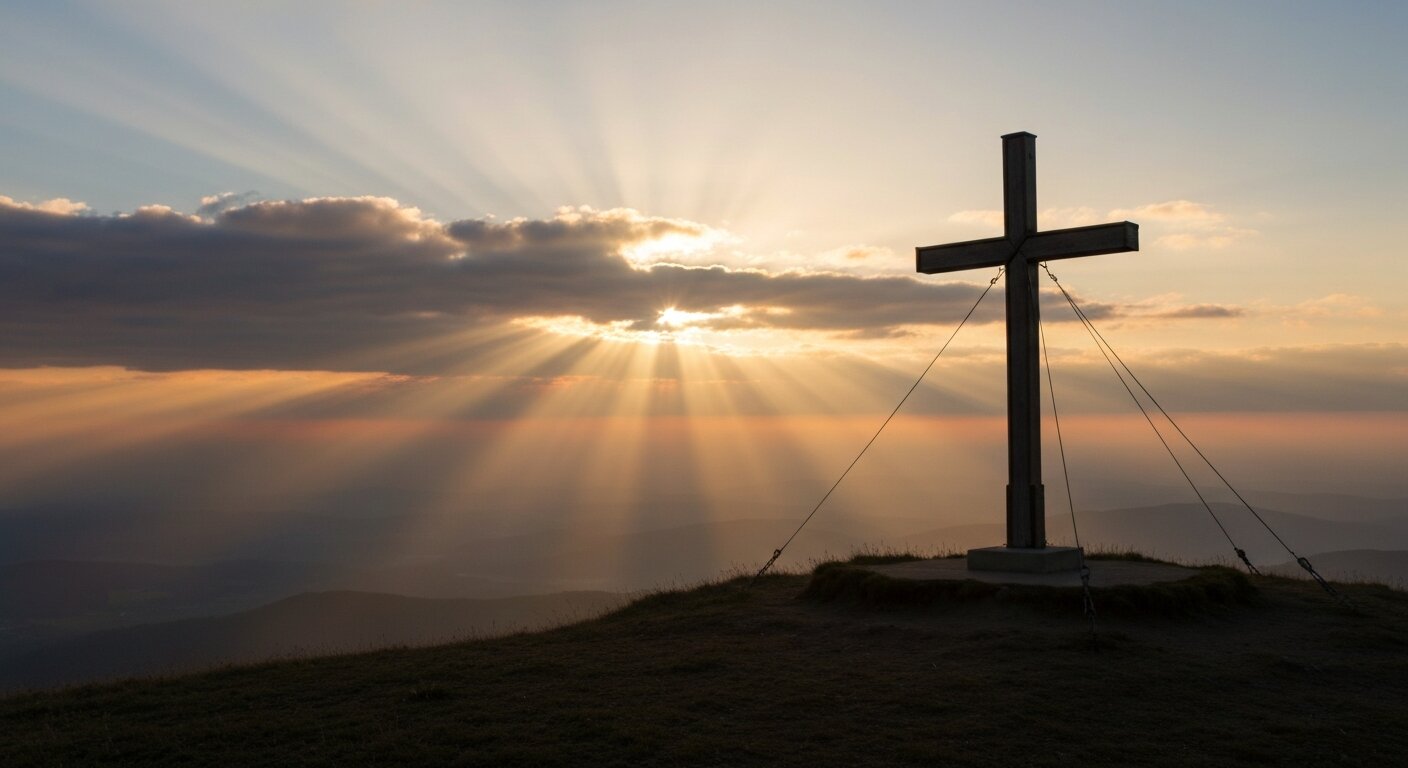 Cross at sunrise representing hope and redemption