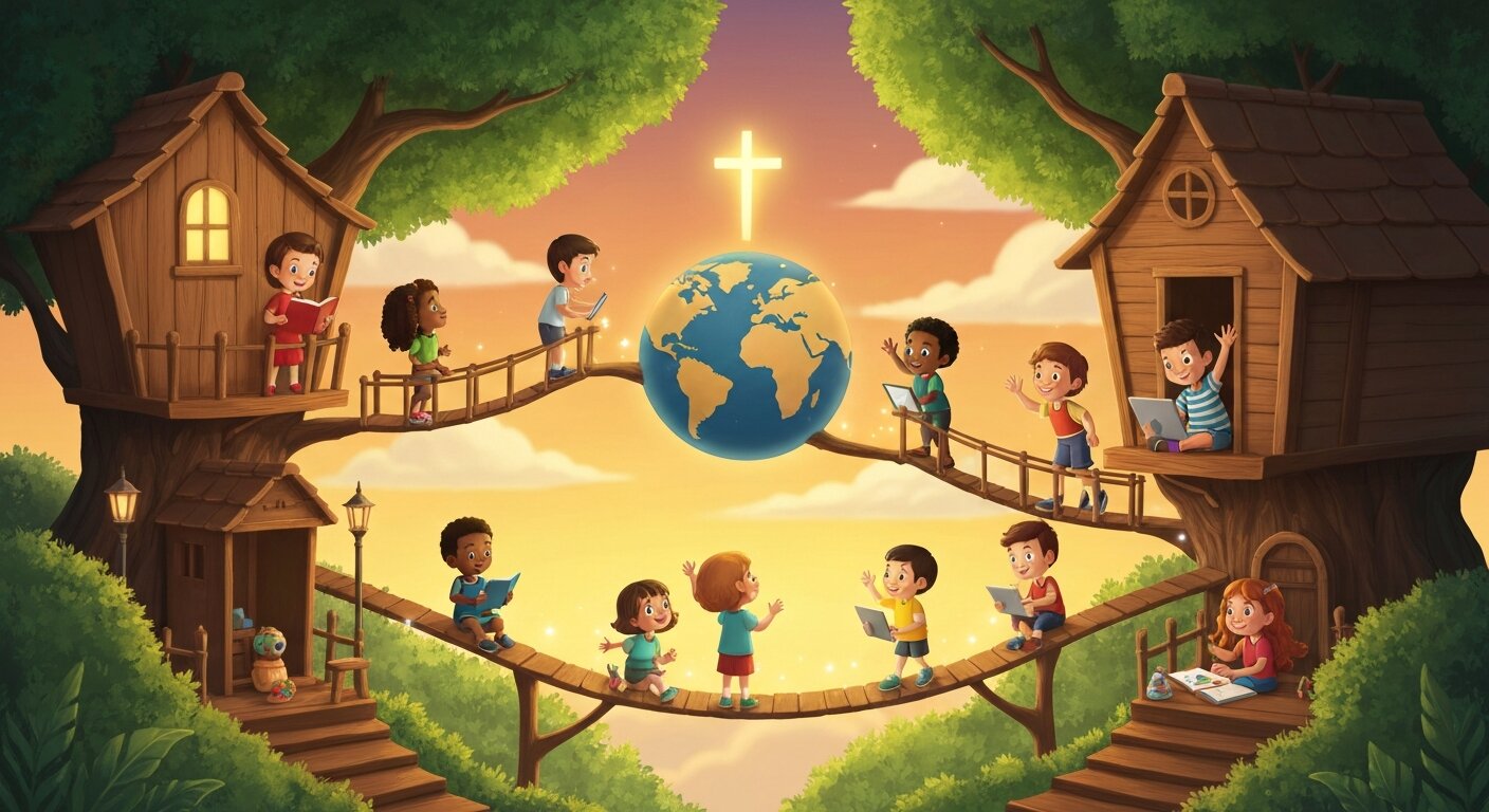 Children in connected treehouses around the world